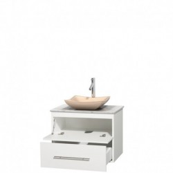 30 inch Single Bathroom Vanity in Matte White, White Carrera Marble Countertop, Avalon Ivory Marble Sink, and No Mirror