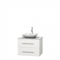 30 inch Single Bathroom Vanity in Matte White, White Carrera Marble Countertop, Avalon White Carrera Marble Sink, and No Mirror