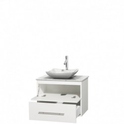 30 inch Single Bathroom Vanity in Matte White, White Carrera Marble Countertop, Avalon White Carrera Marble Sink, and No Mirror