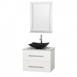 30 inch Single Bathroom Vanity in Matte White, White Carrera Marble Countertop, Arista Black Granite Sink, and 24 inch Mirror
