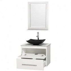 30 inch Single Bathroom Vanity in Matte White, White Carrera Marble Countertop, Arista Black Granite Sink, and 24 inch Mirror
