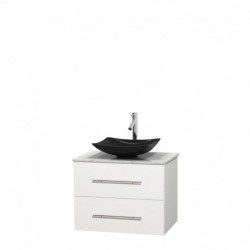 30 inch Single Bathroom Vanity in Matte White, White Carrera Marble Countertop, Arista Black Granite Sink, and No Mirror