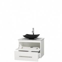 30 inch Single Bathroom Vanity in Matte White, White Carrera Marble Countertop, Arista Black Granite Sink, and No Mirror