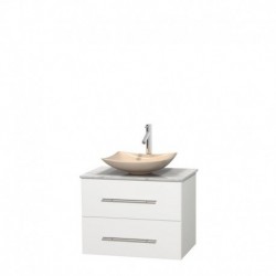 30 inch Single Bathroom Vanity in Matte White, White Carrera Marble Countertop, Arista Ivory Marble Sink, and No Mirror
