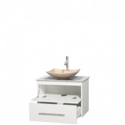 30 inch Single Bathroom Vanity in Matte White, White Carrera Marble Countertop, Arista Ivory Marble Sink, and No Mirror