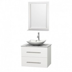 30 inch Single Bathroom Vanity in Matte White, White Carrera Marble Countertop, Arista White Carrera Marble Sink, and 24 inch M