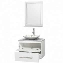 30 inch Single Bathroom Vanity in Matte White, White Carrera Marble Countertop, Arista White Carrera Marble Sink, and 24 inch M