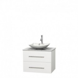 30 inch Single Bathroom Vanity in Matte White, White Carrera Marble Countertop, Arista White Carrera Marble Sink, and No Mirror