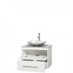 30 inch Single Bathroom Vanity in Matte White, White Carrera Marble Countertop, Arista White Carrera Marble Sink, and No Mirror