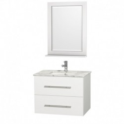30 inch Single Bathroom Vanity in Matte White, White Carrera Marble Countertop, Square Porcelain Undermount Sink, and 24 inch M