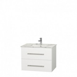 30 inch Single Bathroom Vanity in Matte White, White Carrera Marble Countertop, Undermount Square Sink, and No Mirror