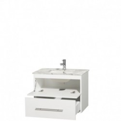 30 inch Single Bathroom Vanity in Matte White, White Carrera Marble Countertop, Undermount Square Sink, and No Mirror