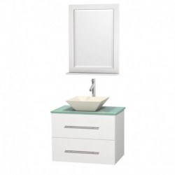 30 inch Single Bathroom Vanity in Matte White, Green Glass Countertop, Pyra Bone Porcelain Sink, and 24 inch Mirror
