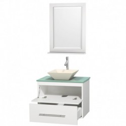 30 inch Single Bathroom Vanity in Matte White, Green Glass Countertop, Pyra Bone Porcelain Sink, and 24 inch Mirror