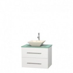 30 inch Single Bathroom Vanity in Matte White, Green Glass Countertop, Pyra Bone Porcelain Sink, and No Mirror