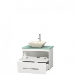 30 inch Single Bathroom Vanity in Matte White, Green Glass Countertop, Pyra Bone Porcelain Sink, and No Mirror