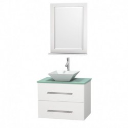 30 inch Single Bathroom Vanity in Matte White, Green Glass Countertop, Pyra White Porcelain Sink, and 24 inch Mirror