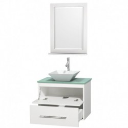 30 inch Single Bathroom Vanity in Matte White, Green Glass Countertop, Pyra White Porcelain Sink, and 24 inch Mirror