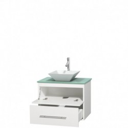 30 inch Single Bathroom Vanity in Matte White, Green Glass Countertop, Pyra White Porcelain Sink, and No Mirror