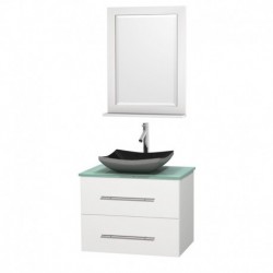 30 inch Single Bathroom Vanity in Matte White, Green Glass Countertop, Altair Black Granite Sink, and 24 inch Mirror