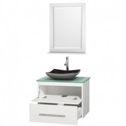 30 inch Single Bathroom Vanity in Matte White, Green Glass Countertop, Altair Black Granite Sink, and 24 inch Mirror