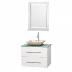 30 inch Single Bathroom Vanity in Matte White, Green Glass Countertop, Avalon Ivory Marble Sink, and 24 inch Mirror