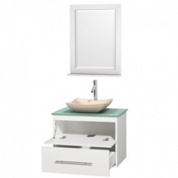 30 inch Single Bathroom Vanity in Matte White, Green Glass Countertop, Avalon Ivory Marble Sink, and 24 inch Mirror
