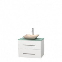 30 inch Single Bathroom Vanity in Matte White, Green Glass Countertop, Avalon Ivory Marble Sink, and No Mirror