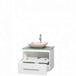30 inch Single Bathroom Vanity in Matte White, Green Glass Countertop, Avalon Ivory Marble Sink, and No Mirror