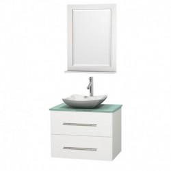 30 inch Single Bathroom Vanity in Matte White, Green Glass Countertop, Avalon White Carrera Marble Sink, and 24 inch Mirror