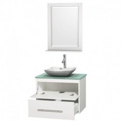 30 inch Single Bathroom Vanity in Matte White, Green Glass Countertop, Avalon White Carrera Marble Sink, and 24 inch Mirror