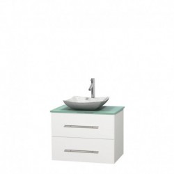 30 inch Single Bathroom Vanity in Matte White, Green Glass Countertop, Avalon White Carrera Marble Sink, and No Mirror