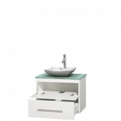 30 inch Single Bathroom Vanity in Matte White, Green Glass Countertop, Avalon White Carrera Marble Sink, and No Mirror