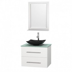 30 inch Single Bathroom Vanity in Matte White, Green Glass Countertop, Arista Black Granite Sink, and 24 inch Mirror
