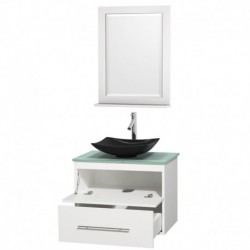 30 inch Single Bathroom Vanity in Matte White, Green Glass Countertop, Arista Black Granite Sink, and 24 inch Mirror