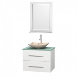 30 inch Single Bathroom Vanity in Matte White, Green Glass Countertop, Arista Ivory Marble Sink, and 24 inch Mirror
