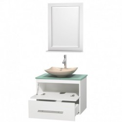 30 inch Single Bathroom Vanity in Matte White, Green Glass Countertop, Arista Ivory Marble Sink, and 24 inch Mirror