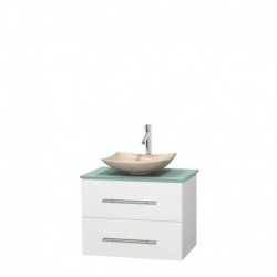 30 inch Single Bathroom Vanity in Matte White, Green Glass Countertop, Arista Ivory Marble Sink, and No Mirror