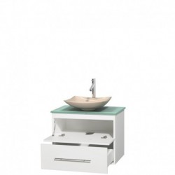 30 inch Single Bathroom Vanity in Matte White, Green Glass Countertop, Arista Ivory Marble Sink, and No Mirror
