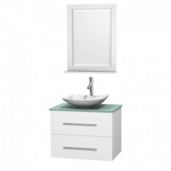 30 inch Single Bathroom Vanity in Matte White, Green Glass Countertop, Arista White Carrera Marble Sink, and 24 inch Mirror