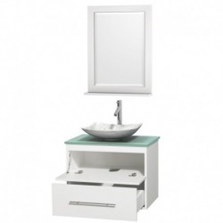 30 inch Single Bathroom Vanity in Matte White, Green Glass Countertop, Arista White Carrera Marble Sink, and 24 inch Mirror