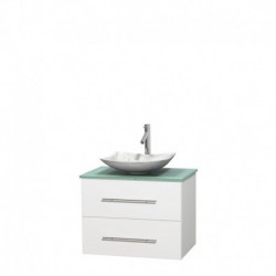 30 inch Single Bathroom Vanity in Matte White, Green Glass Countertop, Arista White Carrera Marble Sink, and No Mirror