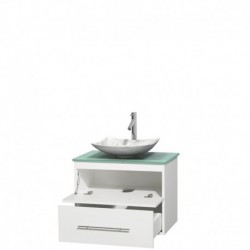 30 inch Single Bathroom Vanity in Matte White, Green Glass Countertop, Arista White Carrera Marble Sink, and No Mirror