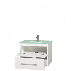 30 inch Single Bathroom Vanity in Matte White, Green Glass Countertop, Undermount Square Sink, and No Mirror