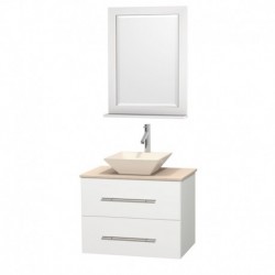 30 inch Single Bathroom Vanity in Matte White, Ivory Marble Countertop, Pyra Bone Porcelain Sink, and 24 inch Mirror
