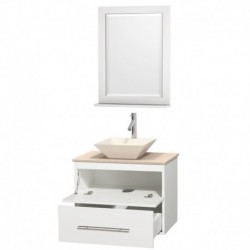 30 inch Single Bathroom Vanity in Matte White, Ivory Marble Countertop, Pyra Bone Porcelain Sink, and 24 inch Mirror