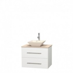 30 inch Single Bathroom Vanity in Matte White, Ivory Marble Countertop, Pyra Bone Porcelain Sink, and No Mirror