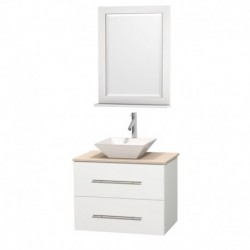 30 inch Single Bathroom Vanity in Matte White, Ivory Marble Countertop, Pyra White Porcelain Sink, and 24 inch Mirror