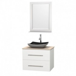 30 inch Single Bathroom Vanity in Matte White, Ivory Marble Countertop, Altair Black Granite Sink, and 24 inch Mirror