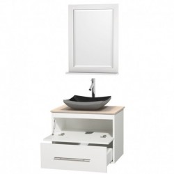 30 inch Single Bathroom Vanity in Matte White, Ivory Marble Countertop, Altair Black Granite Sink, and 24 inch Mirror